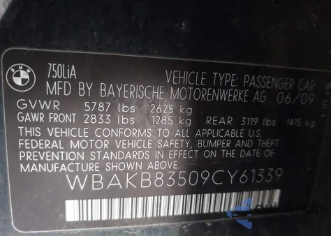 2009 BMW 750Li from USA, damaged, VIN WBAKB83509CY61339